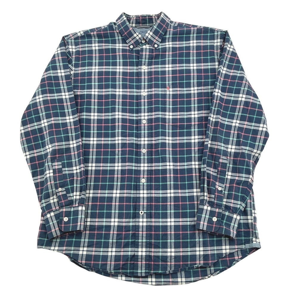 IZOD Saltwater Button Down Shirt Mens Large Navy Pink Green Plaid Relaxed Preppy